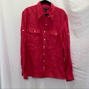 Land’s End linen coral red button down blouse top, size M